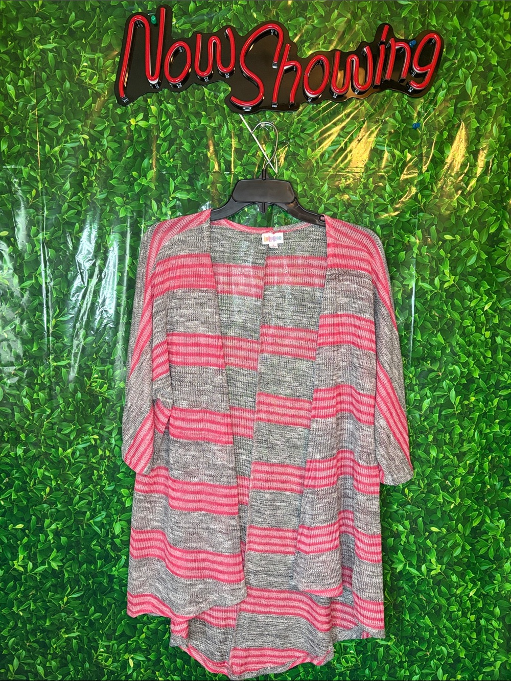 LuLaRoe Pink & Gray Striped Open-Front Cardigan